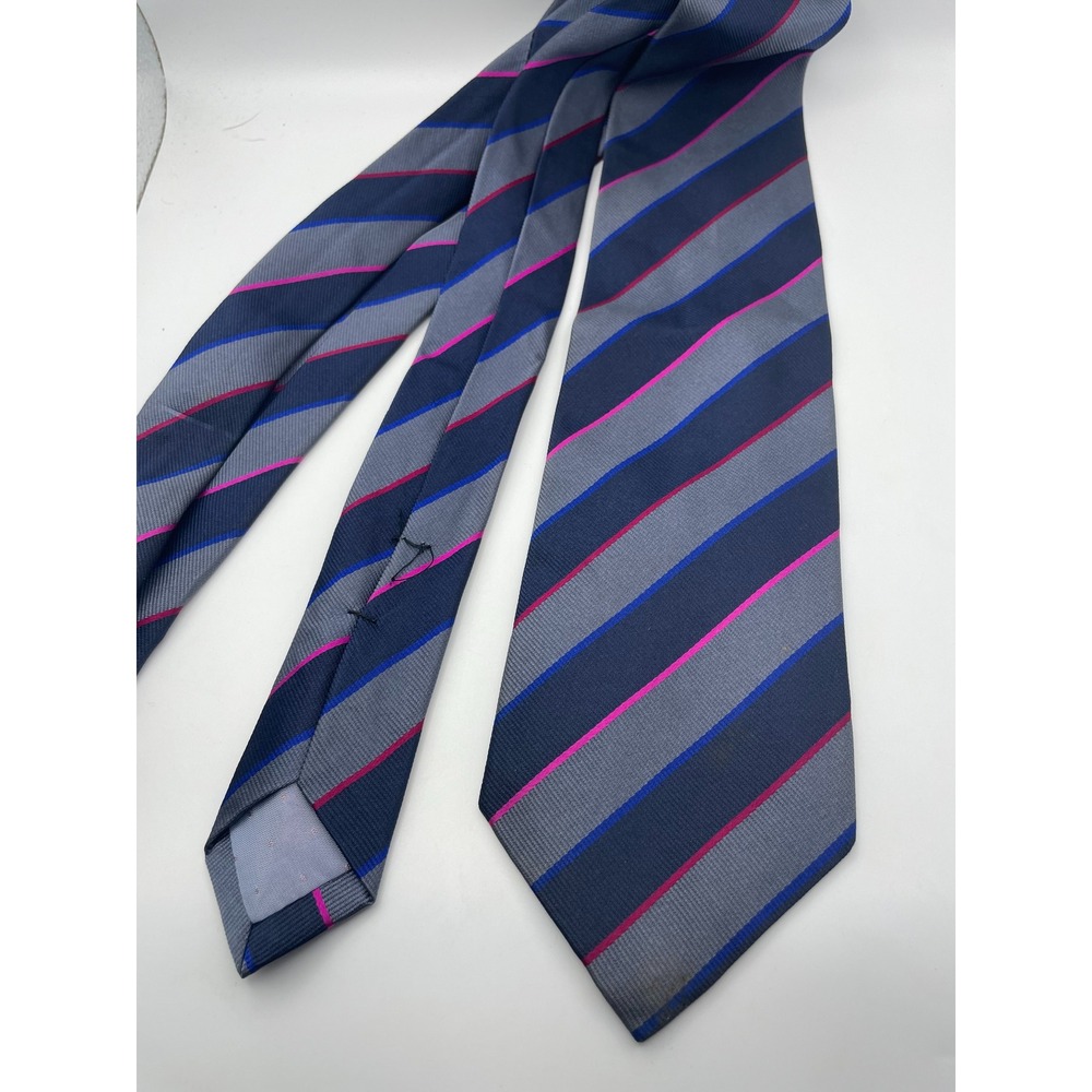 Ungaro Paris Mens Silk Necktie Grey Navy Blue Pink Striped Made in France Tie